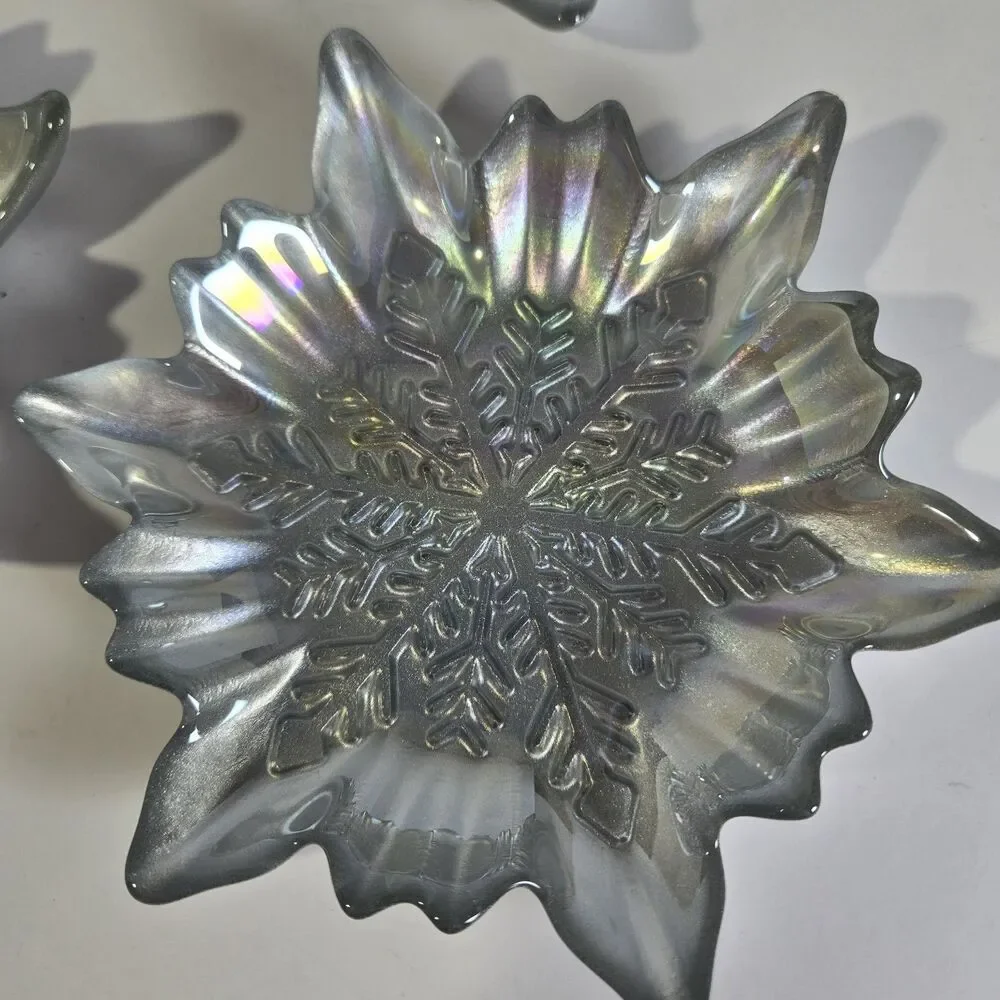Akcam Turkish Glass Snowflake Dessert Plates Set of 4 Iridescent Pearl 6
